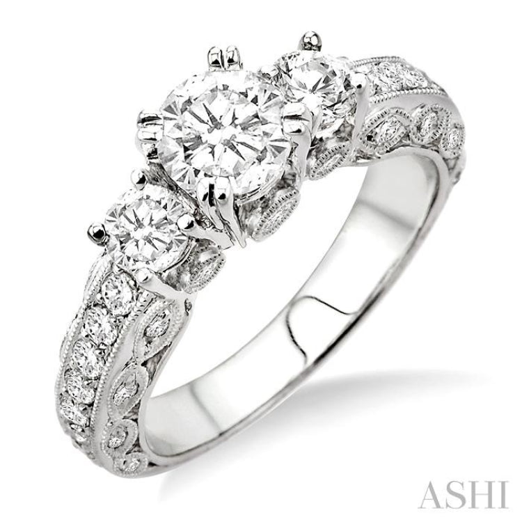 Round Shape Past Present & Future Semi-Mount Diamond Engagement Ring