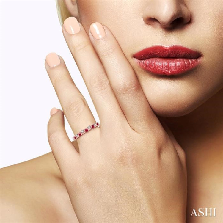 1.8 MM Ruby and 1/6 Ctw Round Cut Diamond Precious Waves Wedding Band in 14K Rose Gold