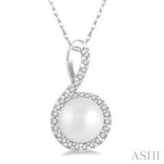 7x7 MM Round Shape Center Cultured Pearl and 1/10 Ctw Round Cut Diamond Pendant With Chain in 10K White Gold