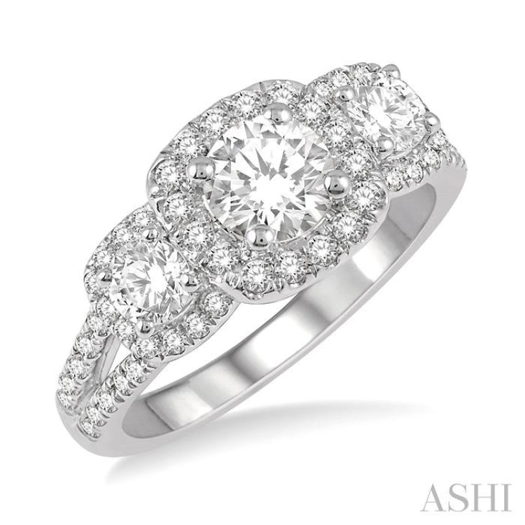 Round Shape Past Present & Future Semi-Mount Halo Diamond Engagement Ring