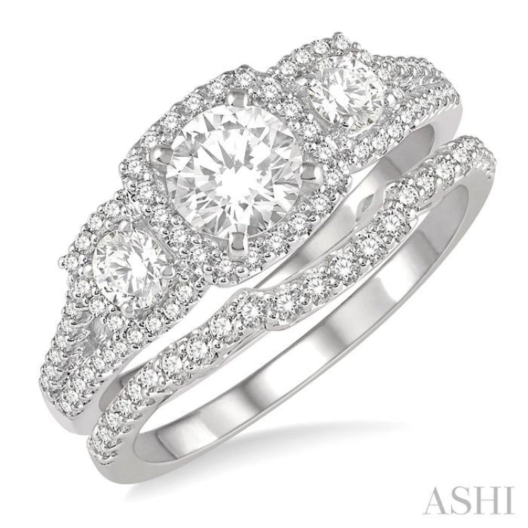 Round Shape Past Present & Future Halo Diamond Wedding Set