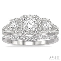 Round Shape Past Present & Future Halo Diamond Wedding Set