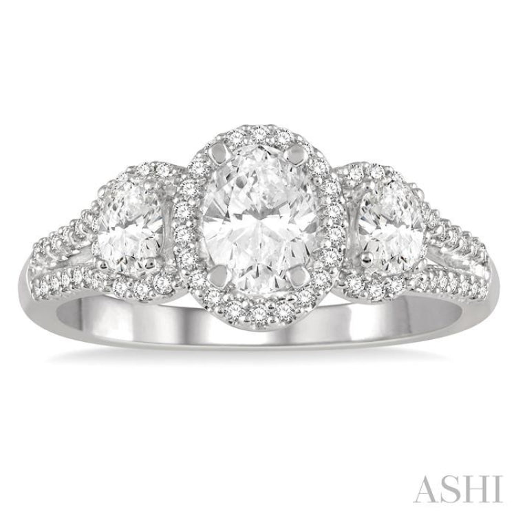 Oval Shape Past Present & Future Halo Diamond Engagement Ring