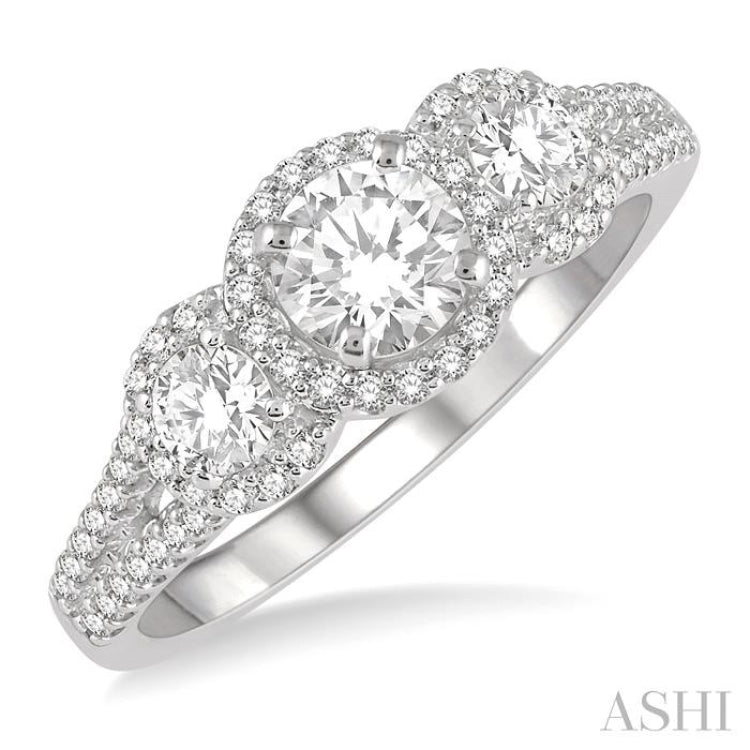 Round Shape Past Present & Future Halo Diamond Engagement Ring