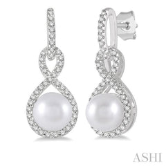 6x6 MM Round Shape Cultured Pearl and 1/4 Ctw Twisted Loop Round Cut Diamond Earrings in 10K White Gold