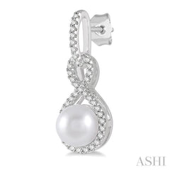 6x6 MM Round Shape Cultured Pearl and 1/4 Ctw Twisted Loop Round Cut Diamond Earrings in 10K White Gold