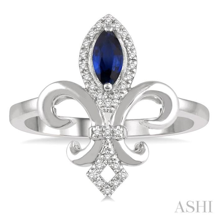 6x3 MM Marquise Shape Sapphire and 1/10 Ctw Round Cut Diamond Fleur De Lis Precious Ring in 10K White Gold