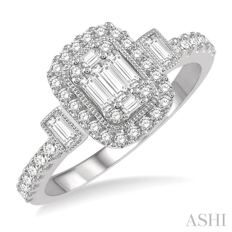 3 Stone Halo Fusion Diamond Engagement Ring