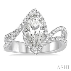 5/8 Ctw Marquise Center Bypass Shank Semi-Mount Round Cut Diamond Ring in 14K White Gold
