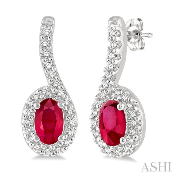 5x3 MM Hanging Arm Oval Cut Ruby and 1/6 Ctw Round Cut Diamond Precious Earring in 10K White Gold