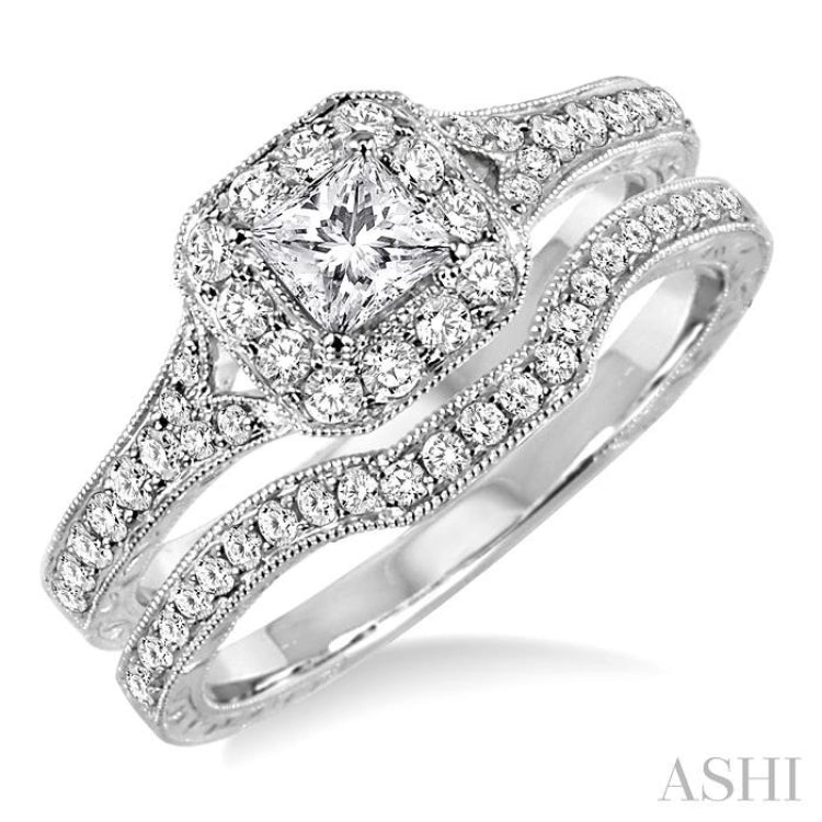 Princess Shape Halo Diamond Wedding Set