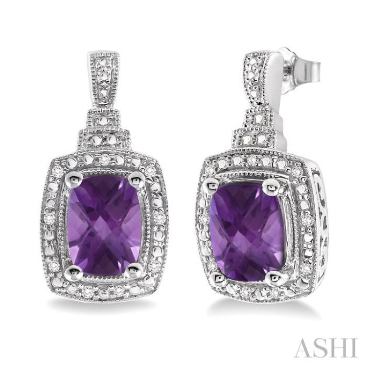 Silver Cushion Shape Gemstone & Diamond Earrings