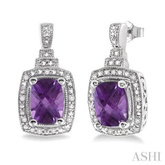 Silver Cushion Shape Gemstone & Diamond Earrings