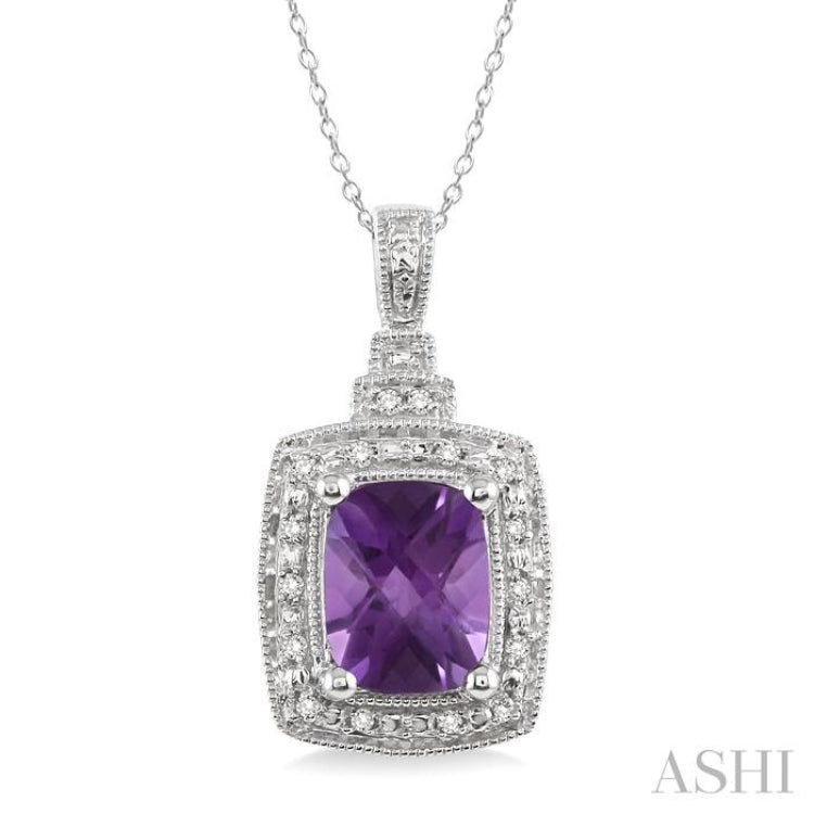 Silver Cushion Shape Gemstone & Diamond Pendant