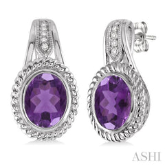 Silver Oval Shape Gemstone & Diamond Earrings