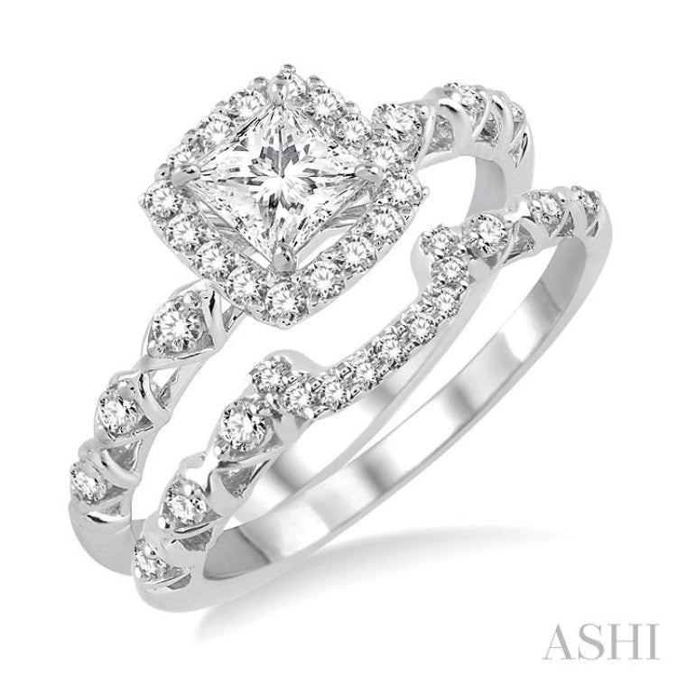 Princess Shape Halo Diamond Wedding Set