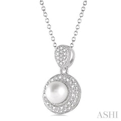 Silver Pearl & Halo Diamond Pendant