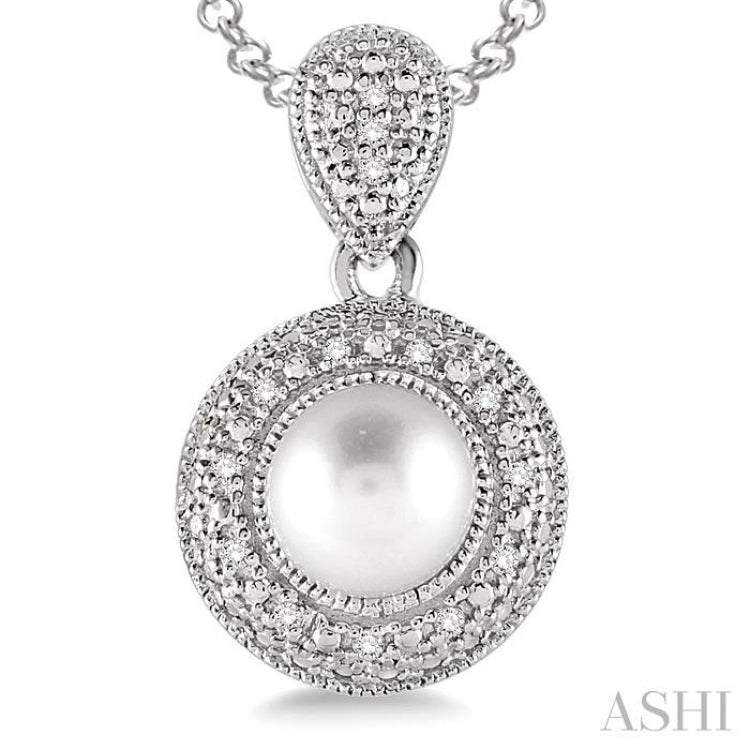 Silver Pearl & Halo Diamond Pendant