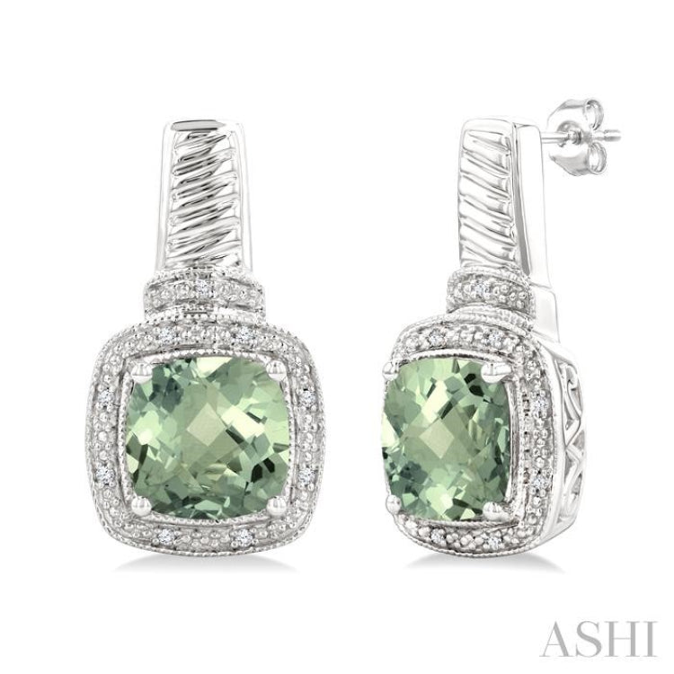 8x8 MM Cushion Shape Green Amethyst and 1/20 Ctw Round Cut Diamond Earrings in Sterling Silver