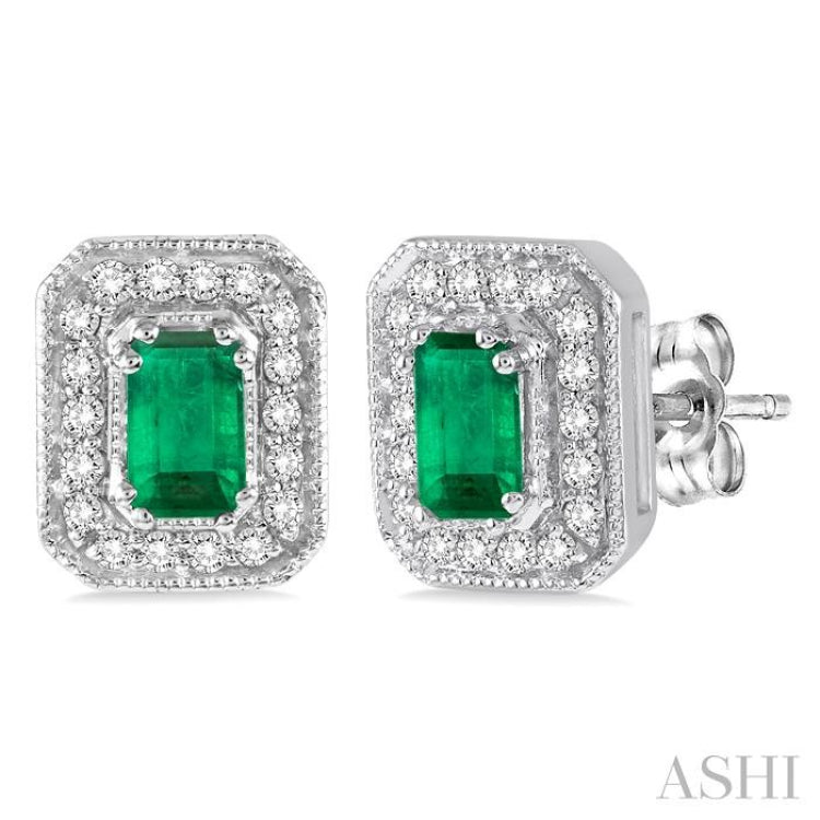 Emerald Shape Gemstone & Halo Diamond Earrings