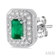 Emerald Shape Gemstone & Halo Diamond Earrings