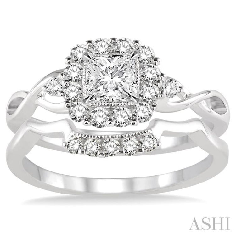 Princess Shape Halo Diamond Wedding Set