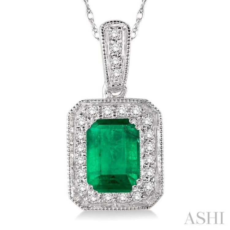 6x4 MM Emerald Shape Emerald and 1/5 Ctw Round Cut Diamond Pendant in 14K White Gold with Chain