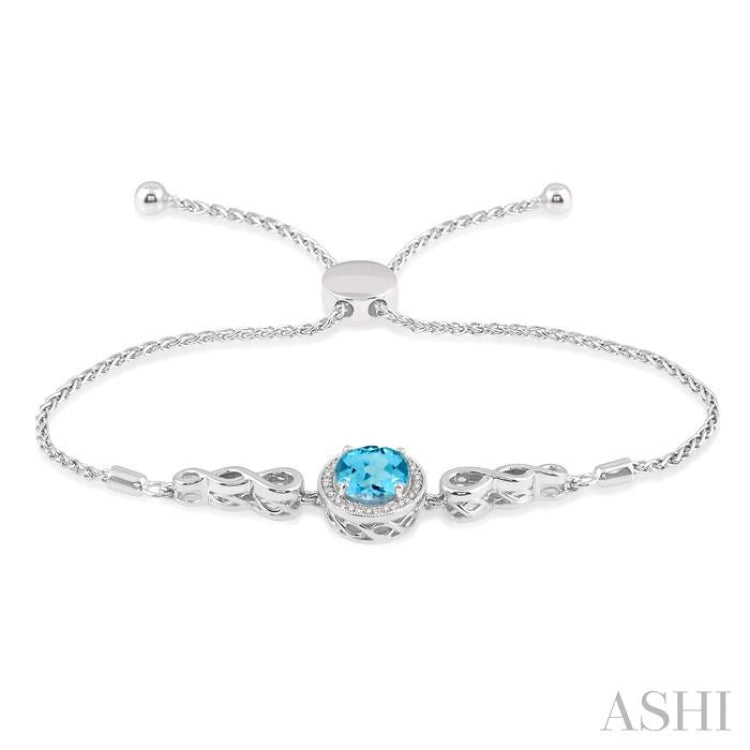 Silver Oval Shape Gemstone & Halo Diamond Lariat Bracelet