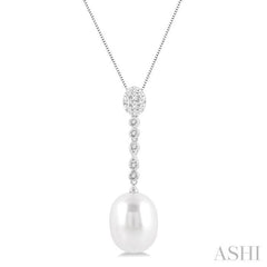 12x10 MM Cultured Pearl and 1/5 Ctw Hanging Round Cut Diamond Drop Lovebright Pendant With Chain in 14K White Gold