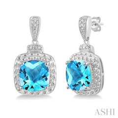 Silver Cushion Shape Gemstone & Diamond Earrings