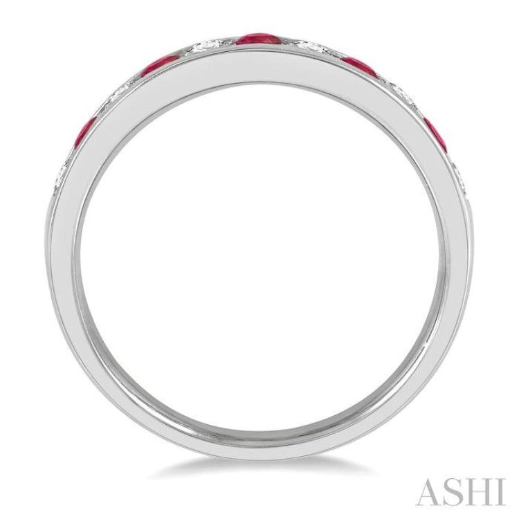 2.3 MM Ruby and 1/4 Ctw Round Cut Diamond Precious Wedding Band in 14K White Gold