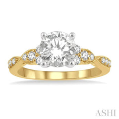 1/4 Ctw Carved Shank Round Cut Diamond Semi-Mount Engagement Ring in 14K Yellow and White Gold