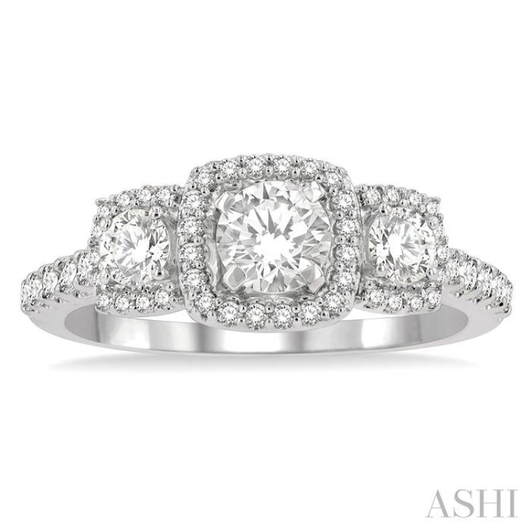 1 Ctw Cushion Shape Past Present and Future Diamond Engagement Ring With 3/8 Ct Round Cut Center Stone in 14K White Gold