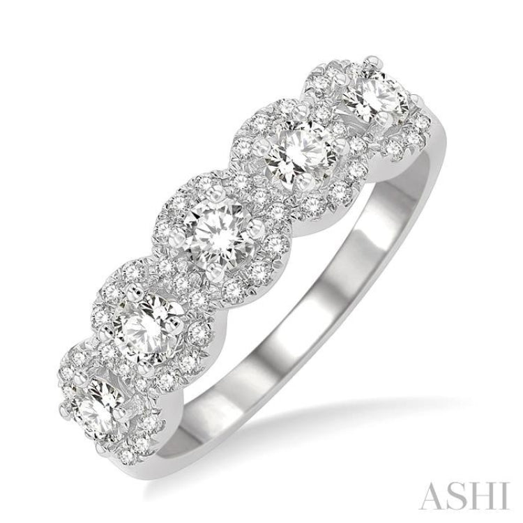 Round Shape 5 Stone Halo Half Eternity Diamond Wedding Band