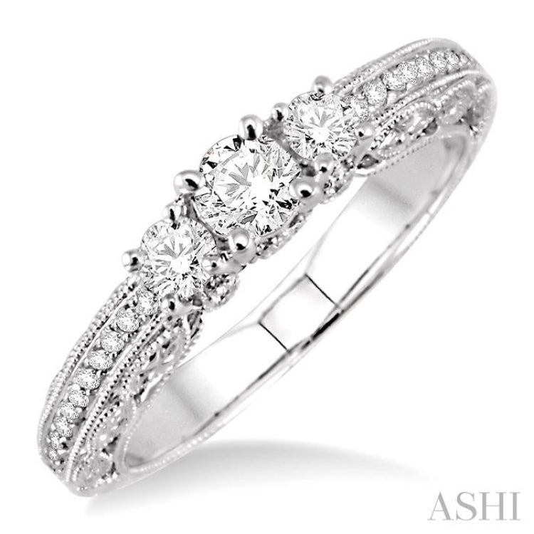 Round Shape Past Present & Future Semi-Mount Diamond Engagement Ring