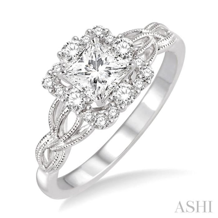 Princess Shape Semi-Mount Halo Diamond Engagement Ring