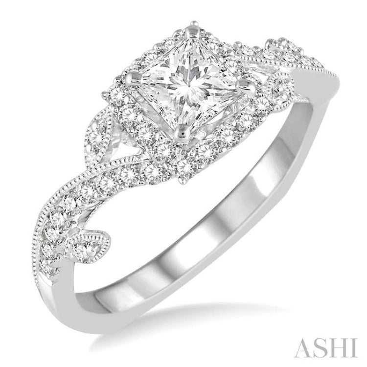 Princess Shape Semi-Mount Halo Diamond Engagement Ring