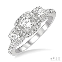 Round Shape Past Present & Future Semi-Mount Halo Diamond Engagement Ring