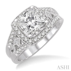 Princess Shape Semi-Mount Halo Diamond Engagement Ring