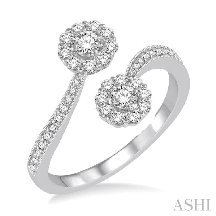 2 Stone Halo Diamond Fashion Open Ring