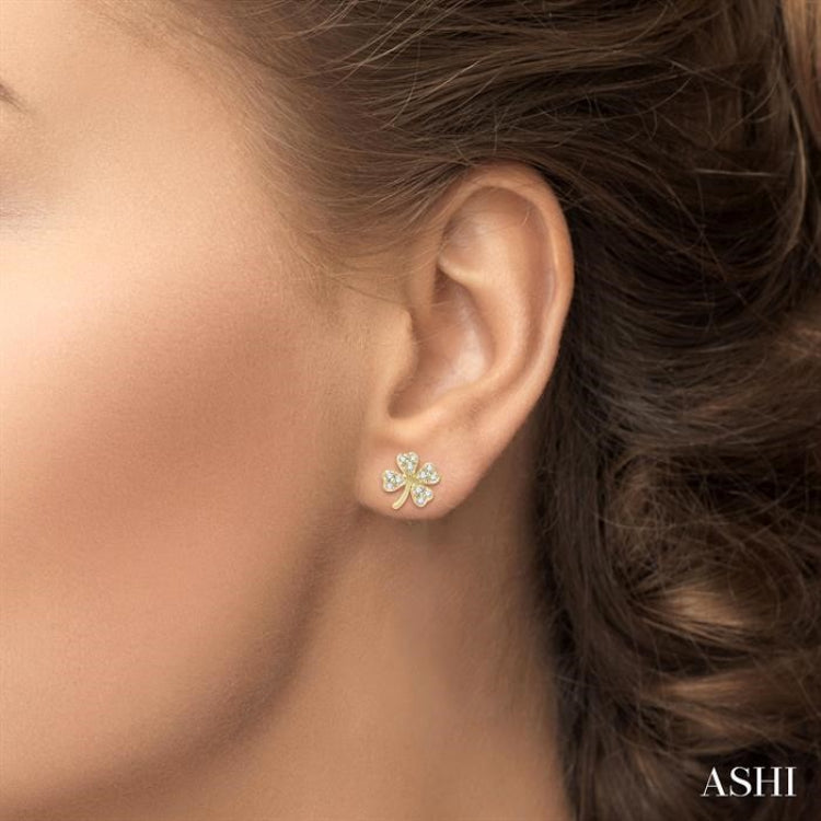 1/10 Ctw Four-Leaf Clover Round Cut Diamond Petite Fashion Earrings in 10K Yellow Gold