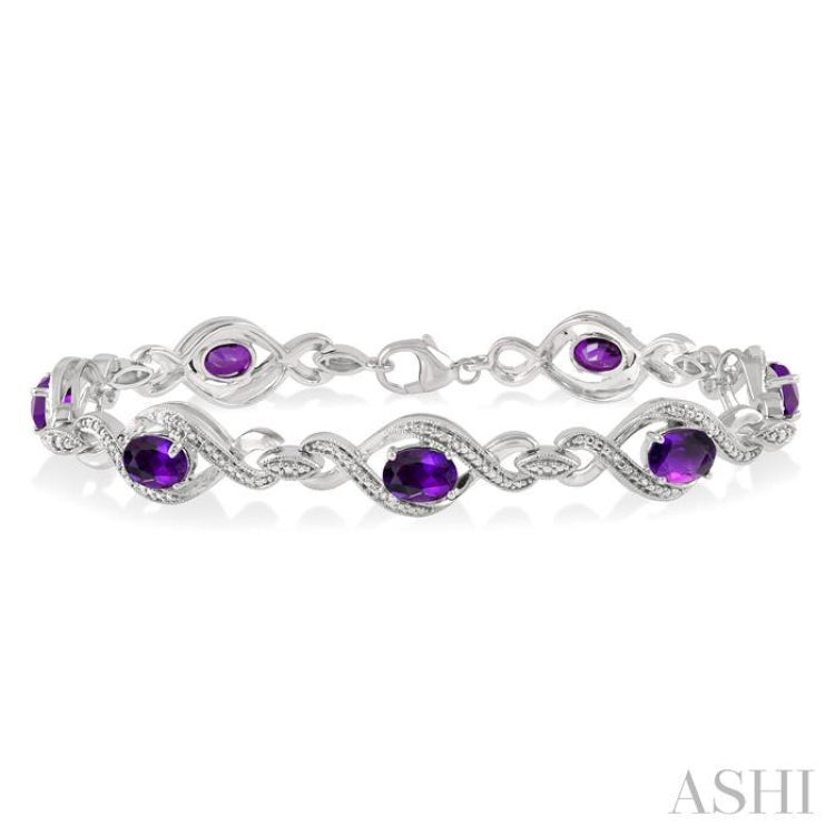 Silver Oval Shape Gemstone & Diamond Bracelet