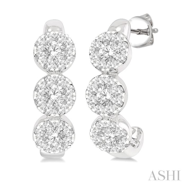 Round Shape 3 Stone Lovebright Diamond Half Hoop Earrings