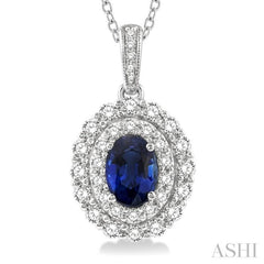 Oval Shape Gemstone & Halo Diamond Pendant