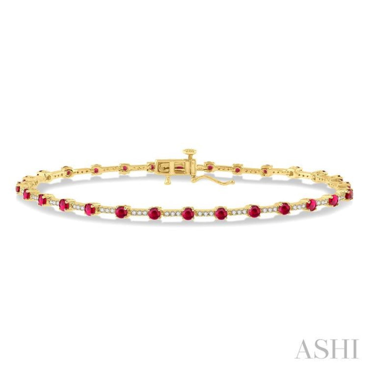 2.5 MM Round Cut Ruby and 1/2 Ctw Round Cut Diamond Precious Bracelet in 10K Yellow Gold