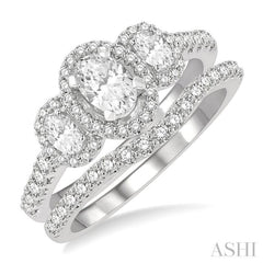 Oval Shape Past Present & Future Halo Diamond Wedding Set