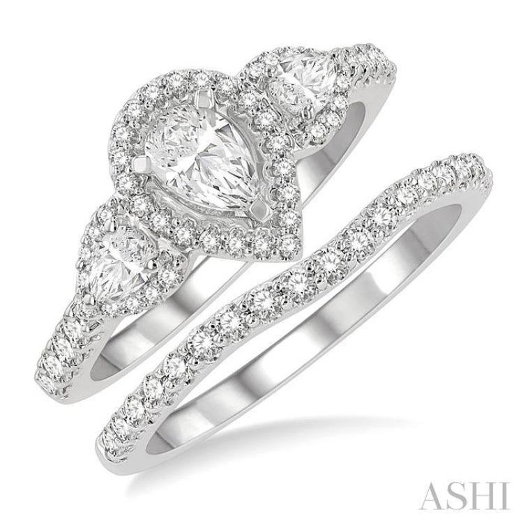 Pear Shape Past Present & Future Halo Diamond Wedding Set