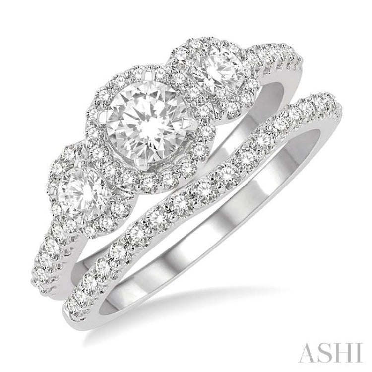 Round Shape Past Present & Future Halo Diamond Wedding Set