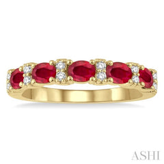4x3 MM Oval Shape Ruby and 1/6 Ctw Round Cut Diamond Precious Band in 14K Yellow Gold