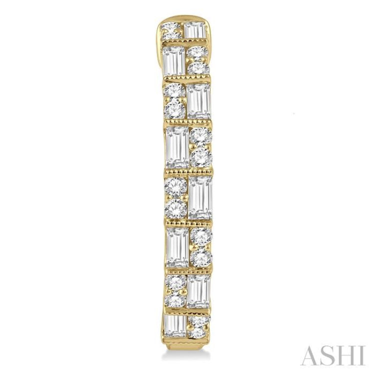 1 ctw Basket Weave Baguette and Round Cut Diamond Hoop Earrings in 14K Yellow Gold